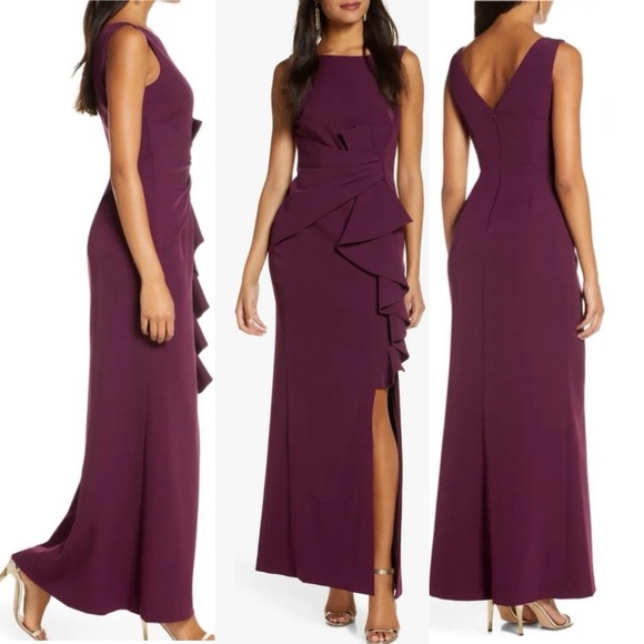 NWT Eliza J Cascading Ruffle Gown In Wine - Picture 1 of 14